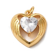 Heart with Wing Rack Plating Brass Clear Cubic Zirconia Pendants, with Jump Ring, Long-Lasting Plated, Lead Free & Cadmium Free, Real 18K Gold Plated, 18x17x6.2mm, Hole: 3mm(KK-K377-20G)