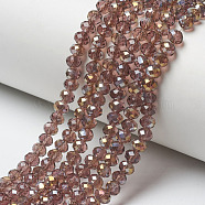 Electroplate Transparent Glass Beads Strands, Half Rainbow Plated, Faceted, Rondelle, Sienna, 6x5mm, Hole: 1mm, about 85~88pcs/strand, 16.1~16.5 inch(41~42cm)(EGLA-A034-T6mm-H16)
