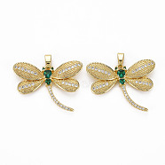 Brass Micro Pave Green Cubic Zirconia Pendants, Nickel Free, Autumn Pendants, Dragonfly, Real 18K Gold Plated, 24.5x30.5x4mm, Hole: 3.5x6mm(ZIRC-N039-198-NF)