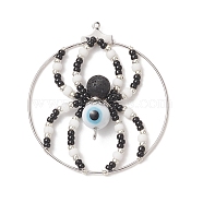Brass Pendants, with Glass Seed & Evil Eye Lampwork & Natural Lava Rock Beads, Ring with Spider Charms, White, 44~48x40~43x8mm, Hole: 1mm and 2mm(PALLOY-TA00032-01)