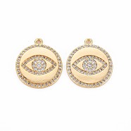 Brass Micro Pave Clear Cubic Zirconia Pendants, Nickel Free, Flat Round with Eye, Real 18K Gold Plated, 19x17x2.5mm, Hole: 1.2mm(KK-S364-077)