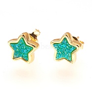 Resin Imitation Druzy Crystal Stud Earrings, with Brass Findings, Star, Golden, Spring Green, 8x8x4mm, Pin: 0.7mm(EJEW-O081-A01)