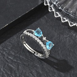 Adjustable Bowknot Shape Brass & Light Blue Cubic Zirconia Finger Rings, Long-Lasting Plated, Platinum, 7.5mm, Inner Diameter: 18mm(CU-CBA7E55-07P)