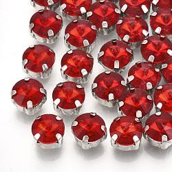 Sew on Rhinestone, Multi-strand Links, Glass Rhinestone, with Brass Prong Settings, Garments Accessories, Faceted, Flat Round, Platinum, Red, 11x7.2mm, Hole: 0.8~1mm(RGLA-T038-10mm-05)