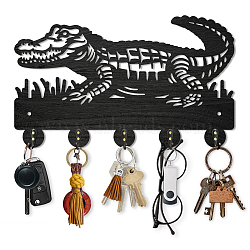 Wood & Iron Wall Mounted Hook Hangers, Decorative Organizer Rack, with 2Pcs Screws, 5 Hooks for Bag Clothes Key Scarf Hanging Holder, Crocodile, 181x300x7mm(HJEW-WH0055-074)