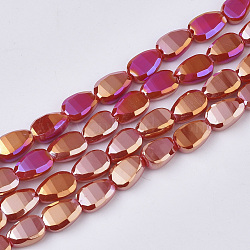 Electroplate Opaque Solid Color Glass Beads Strands, AB Color Plated, Faceted, Teardrop, FireBrick, 8.5x6x4.5~5mm, Hole: 1mm, about 80pcs/strand, 26.38 inch(67cm)(EGLA-T020-02A)