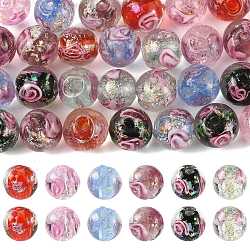 30Pcs 6 Colors Handmade Foil Lampwork Beads, Round with Flower, Mixed Color, 10mm, Hole: 1~1.2mm, 5pcs/color(LAMP-FS0001-68)