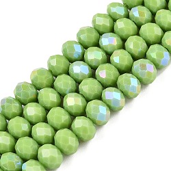 Electroplate Opaque Solid Color Glass Beads Strands, Half Rainbow Plated, Faceted, Rondelle, Yellow Green, 6x5mm, Hole: 1mm, about 84~85pcs/strand, 41.5~42cm(EGLA-A044-P6mm-L30)