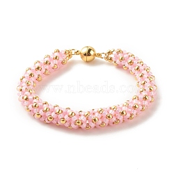 Glass Seed Beaded Bracelet with Brass Magnetic Clasp, Braided Bracelet for Women, Pearl Pink, 7-1/2 inch(19cm)(BJEW-JB07802-04)