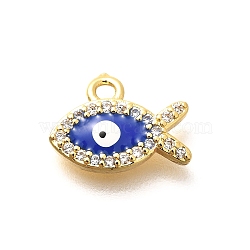 Brass Micro Pave Cubic Zirconia with Evil Eye Enamel Charms, Fish, Real 18K Gold Plated , Blue, 9x11.5x2mm, Hole: 1.4mm(KK-G519-08G-01)