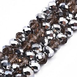 Electroplate Transparent Glass Beads Strands, Half Silver Plated, Faceted, Rondelle, Tan, 8x6mm, Hole: 1mm, about 60~62pcs/strand, 39~40cm(EGLA-A034-T8mm-M24)