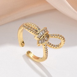 Brass Micro Pave Clear Cubic Zirconia Finger Rings, Bowknot, Real 18K Gold Plated, 15mm(RJEW-C120-27B-G)