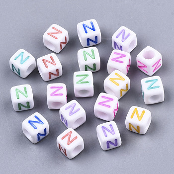 Opaque White Acrylic Beads, with Enamel, Horizontal Hole, Cube with Mixed Color Letter, Letter.N, 6x6x6mm, Hole: 3mm, about 2900pcs/500g