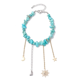 Synthetic Turquoise Chip Beaded Bracelets, Sun Heart Brass Charm Bracelets for Women, Golden, 7-1/2 inch(19cm)