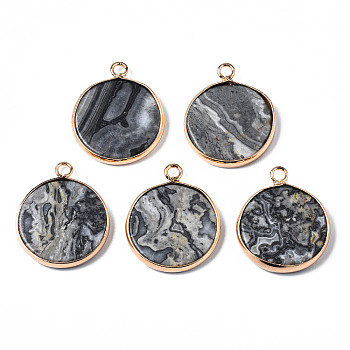 Natural Map Stone Pendants, with Golden Plated Brass Edge and Loop, Flat Round, 25x21x3.5mm, Hole: 2mm