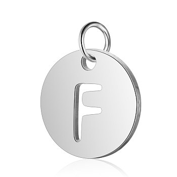 304 Stainless Steel Charms, Flat Round with Letter, Stainless Steel Color, Letter.F, 12x1mm, Hole: 2.5mm