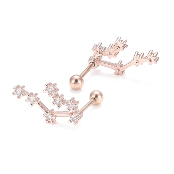 Brass Micro Pave Clear Cubic Zirconia Stud Earrings, with 304 Stainless Steel Pin and Ear Nut, Constellation/Zodiac Sign, Rose Gold, Gemini, 14x8mm, Pin: 0.8mm
