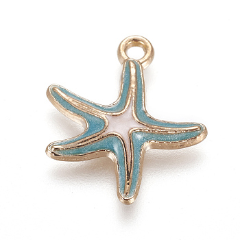 Alloy Enamel Pendants, Starfish/Sea Stars, KC Gold, Light Blue, 19.5x17x3mm, Hole: 1.6mm