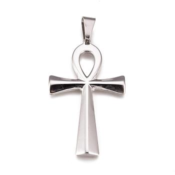 304 Stainless Steel Big Pendants, Ankh Cross, Stainless Steel Color, 65x37x4.5mm, Hole: 11x8mm