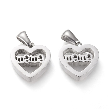 Non-Tarnish Mother's Day 304 Stainless Steel Pendants, Cut-Out, Hollow, Manual Polishing, Heart with Word Mama, Stainless Steel Color, 15x15x3.5mm, Hole: 3x6mm