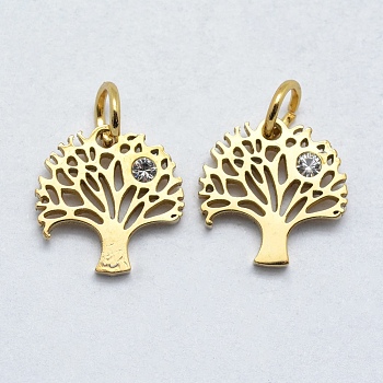 316 Surgical Stainless Steel Pendants, with Cubic Zirconia, Tree, Clear, Real 18K Gold Plated, 12x12x2mm, Hole: 3mm