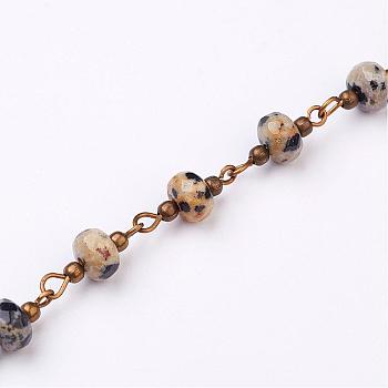 Handmade Dalmatian Jasper Beaded Chains, Unwelded, for Necklaces Bracelets Making, with Brass Eye Pin, Antique Bronze, about 39.37 inch(1m)/strand