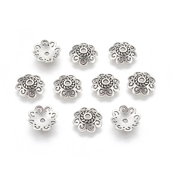 Tibetan Style Bead Caps, Cadmium Free & Nickel Free & Lead Free, Flower, Antique Silver, 12x12x4mm, Hole: 1.5mm