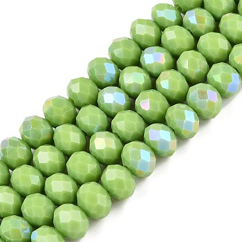 Electroplate Opaque Solid Color Glass Beads Strands, Half Rainbow Plated, Faceted, Rondelle, Yellow Green, 6x5mm, Hole: 1mm, about 84~85pcs/strand, 41.5~42cm