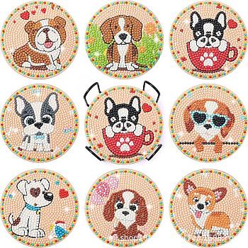 DIY Dog Theme Diamond Painting Wood Cup Mat Kits, Including Coster Holder, Resin Rhinestones, Diamond Sticky Pen, Tray Plate and Glue Clay, Mixed Color, Packaging: 130x126x80mm