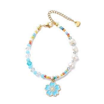 Alloy Enamel Sakura Charm Bracelet, Natural Pearl & Seed Beaded Bracelet for Women, Colorful, 7-5/8 inch(19.5cm)