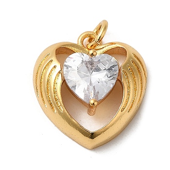 Heart with Wing Rack Plating Brass Clear Cubic Zirconia Pendants, with Jump Ring, Long-Lasting Plated, Lead Free & Cadmium Free, Real 18K Gold Plated, 18x17x6.2mm, Hole: 3mm