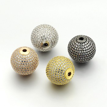 Brass Micro Pave Cubic Zirconia Round Beads, Cadmium Free & Lead Free, Clear, Mixed Color, 20mm, Hole: 3mm