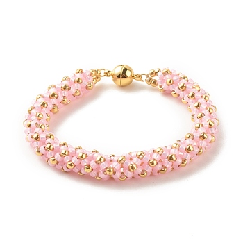 Glass Seed Beaded Bracelet with Brass Magnetic Clasp, Braided Bracelet for Women, Pearl Pink, 7-1/2 inch(19cm)