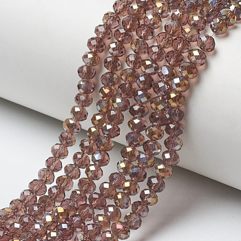 Electroplate Transparent Glass Beads Strands, Half Rainbow Plated, Faceted, Rondelle, Sienna, 6x5mm, Hole: 1mm, about 85~88pcs/strand, 16.1~16.5 inch(41~42cm)