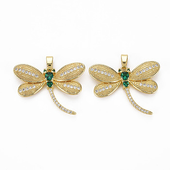 Brass Micro Pave Green Cubic Zirconia Pendants, Nickel Free, Autumn Pendants, Dragonfly, Real 18K Gold Plated, 24.5x30.5x4mm, Hole: 3.5x6mm