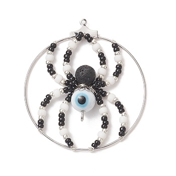 Brass Pendants, with Glass Seed & Evil Eye Lampwork & Natural Lava Rock Beads, Ring with Spider Charms, White, 44~48x40~43x8mm, Hole: 1mm and 2mm