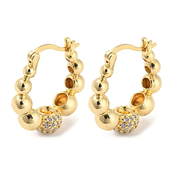 Brass Micro Pave Cubic Zirconia Hoop Earrings, Round Ball, Real 16K Gold Plated, 25.5x8x24.5mm