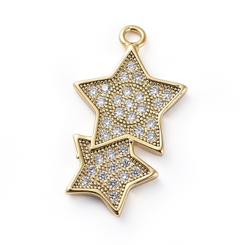 Brass Micro Pave Cubic Zirconia Pendants, Star, Clear, Golden, 21x12.5x2mm, Hole: 1.5mm