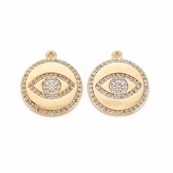 Brass Micro Pave Clear Cubic Zirconia Pendants, Nickel Free, Flat Round with Eye, Real 18K Gold Plated, 19x17x2.5mm, Hole: 1.2mm