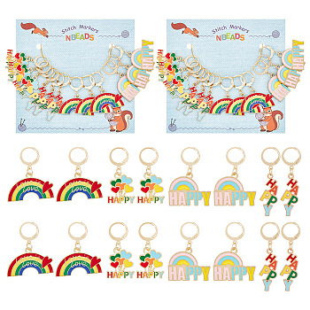 Alloy Enamel Pendant Stitch Markers, Crochet Leverback Hoop Charms, Locking Stitch Marker with Wine Glass Charm Ring, Rainbow with Heart/Word HAPPY, Mixed Color, 3.3~3.8cm, 4 style, 3pcs/style, 12pcs/set