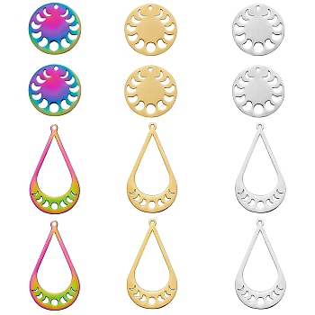 12Pcs 6 Style 201 Stainless Steel Pendants, Moon Phase Pendant, Teardrop & Flat Round, Mixed Color, 39x21.5x1mm, Hole: 1.5mm & 23x1mm, Hole: 1.8mm, 2pcs/style