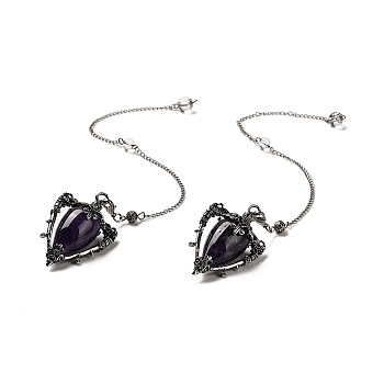 Natural Amethyst Triangle Dowsing Pendulum Pendants, with Quartz Crystal Round Beads, Rack Plating Alloy Findings & Chains, Cadmium Free & Lead Free, 290mm