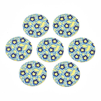 Spray Painted Iron Pendants, Rubberized Style, 3D Printed,  Star Print Pattern, Flat Round, Yellow, 25.5x0.8mm, Hole: 1.2mm