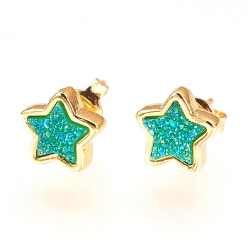 Resin Imitation Druzy Crystal Stud Earrings, with Brass Findings, Star, Golden, Spring Green, 8x8x4mm, Pin: 0.7mm