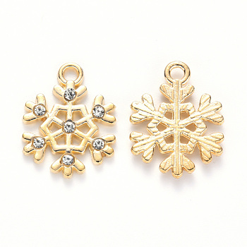 Alloy Pendants, with Crystal Rhinestone, for Christmas, Snowflake, Light Gold, Light Gold, 18x14x2mm, Hole: 2mm