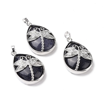 Synthetic Blue Goldstone Pendants, with Platinum Tone Brass Findings, Lead Free & Cadmium Free, Teardrop with Dragonfly Charms, 40~40.5x26~26.5x9~9.5mm, Hole: 5x7mm