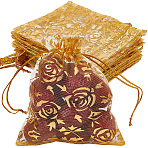 100Pcs Rose Printed Organza Bags, Wedding Favour Bags, Gift Bags, Rectangle, Goldenrod, 12x10cm(OP-SP0001-06B)