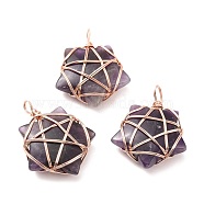 Natural Amethyst Pendants, with Rose Gold Tone Copper Wire Wrapped, Cadmium Free & Lead Free, Star, 37~41x29~31x9~11mm, Hole: 4.5~6mm(G-D458-07RG-05-RS)