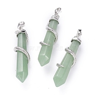 Natural Green Aventurine Big Pointed Pendants, with Platinum Plated Brass Bails, Faceted, Bullet with Snake, 59~61.5x11~12x11~12mm, Hole: 5x8mm(G-F696-B05)