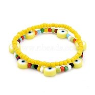 Glass Seed Beads Stretch Bracelets, with Polymer Clay Eye Beads, Yellow, Inner Diameter: 2-1/8~2-1/4 inch(5.3~5.8cm), 2pcs/set(BJEW-JB06291-01)